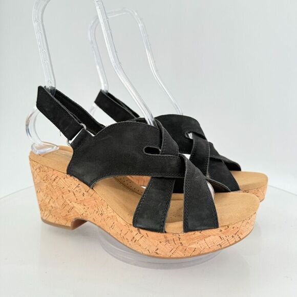 Clarks Giselle Beach Strappy Cork Wedge Heel Platform Sandals Black Size 10M - Picture 2 of 14